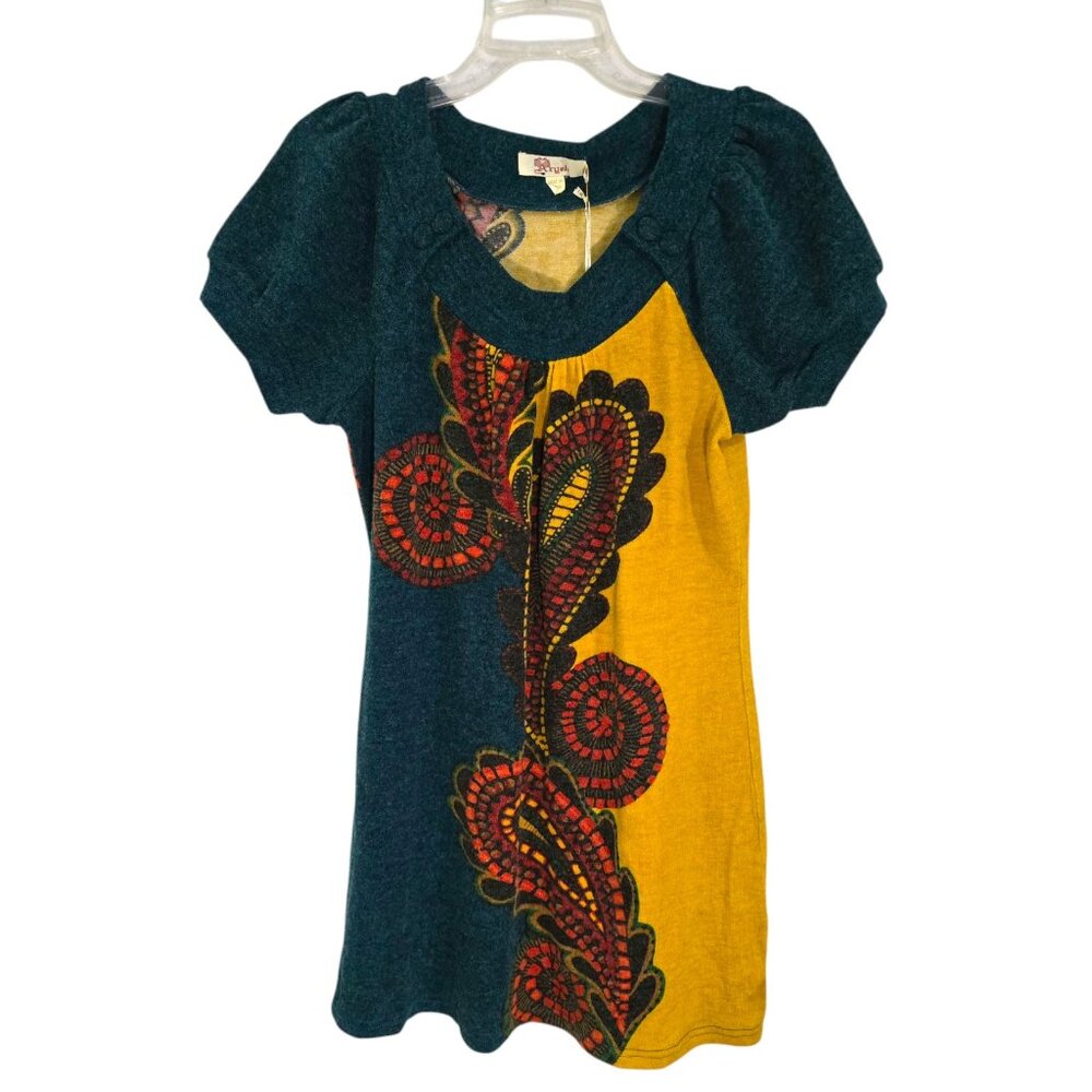 Aryeh Womens Multicolor Paisley Mini Sweater Dress Short Sleeve‎ Size XL NWT